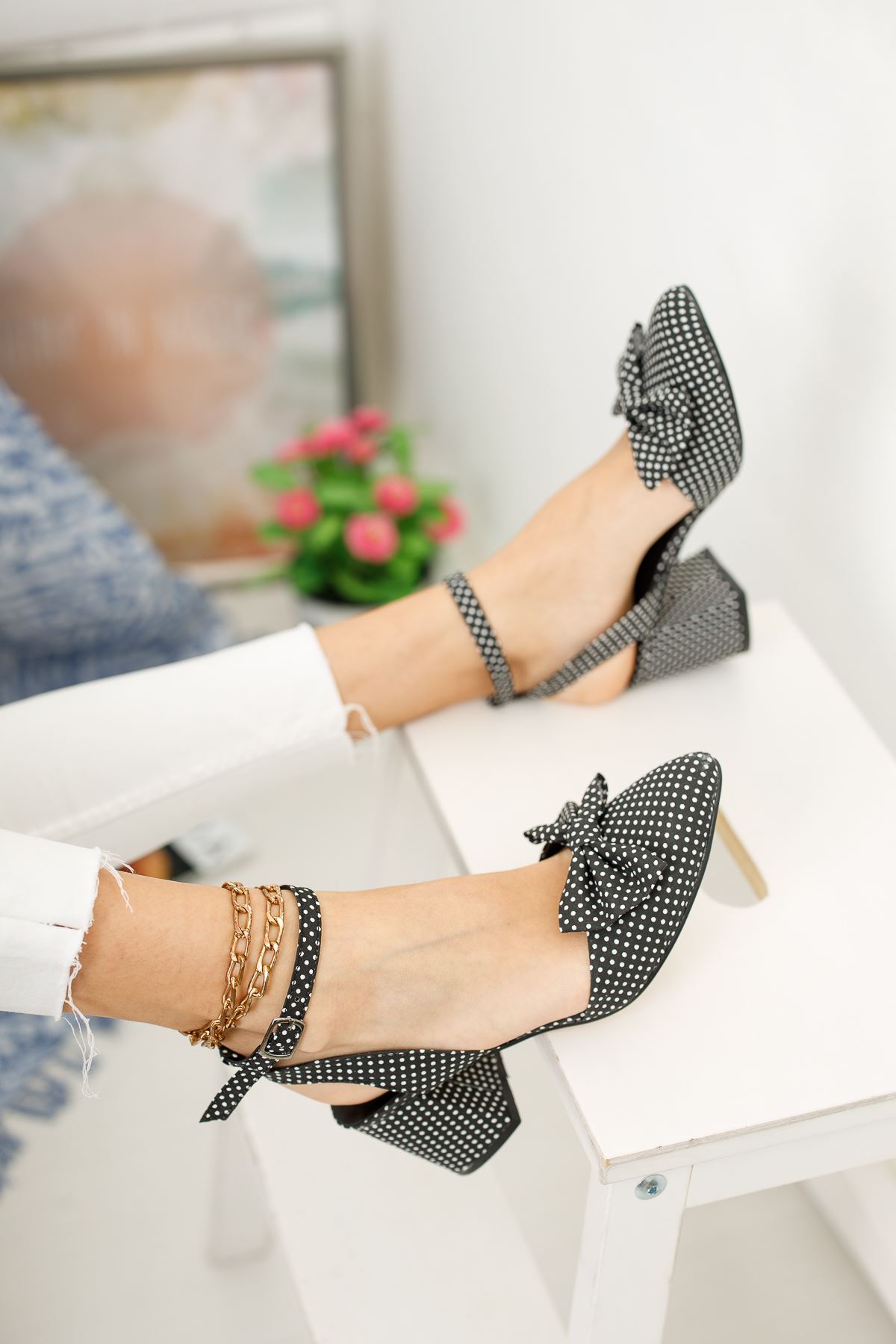 Kadın Petas Puantiye Hafif Topuklu Ayakkabı Siyah - Siyah