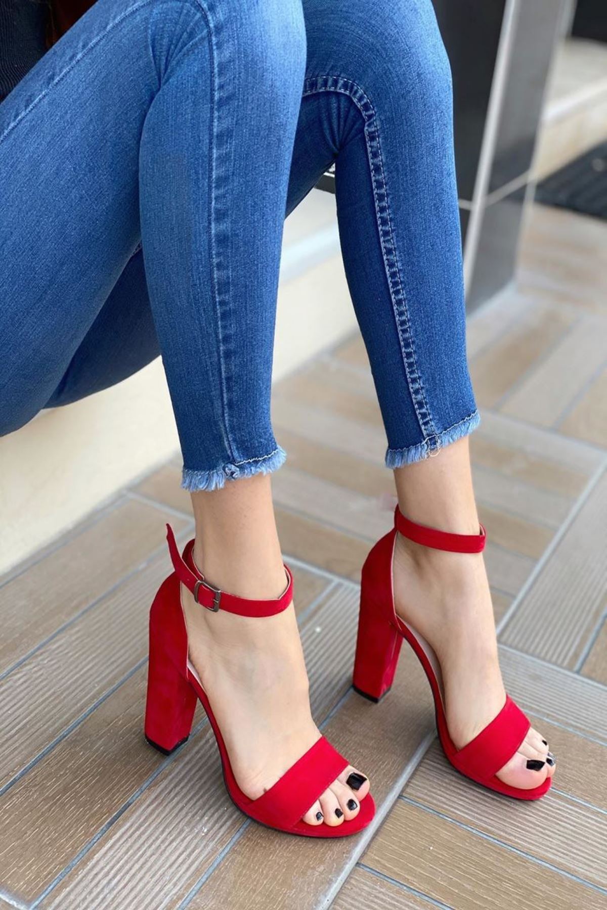Kadın Marcas Kırmızı Süet Topuklu Ayakkabı - Kırmızı