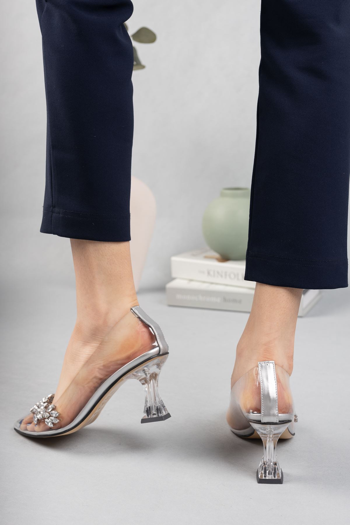 Kadın Mosena Taş Detaylı Şeffaf Topuklu Ayak - Gümüş