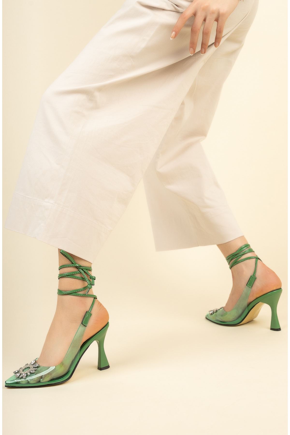 Kadın Farsi Taşlı Renkli Şeffaf Topuklu Ayakkabı  - Yeşil