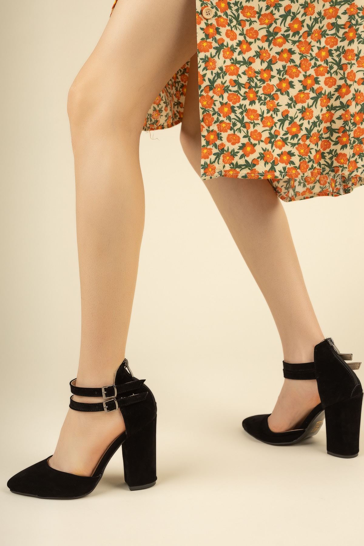 Kadın papun Çift Toka Detay Kalın Topuklu Siyah Sü - Siyah