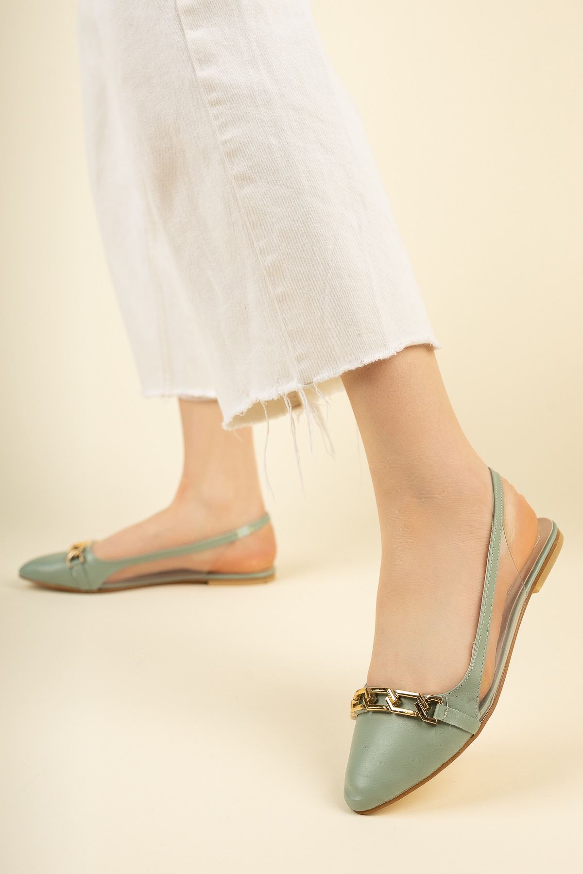 Kadın Dalian Tokalı Babet Ayakkabı - Yeşil Deri