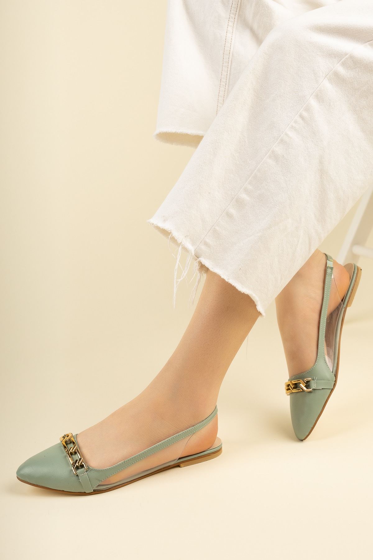 Kadın Dalian Tokalı Babet Ayakkabı - Yeşil Deri