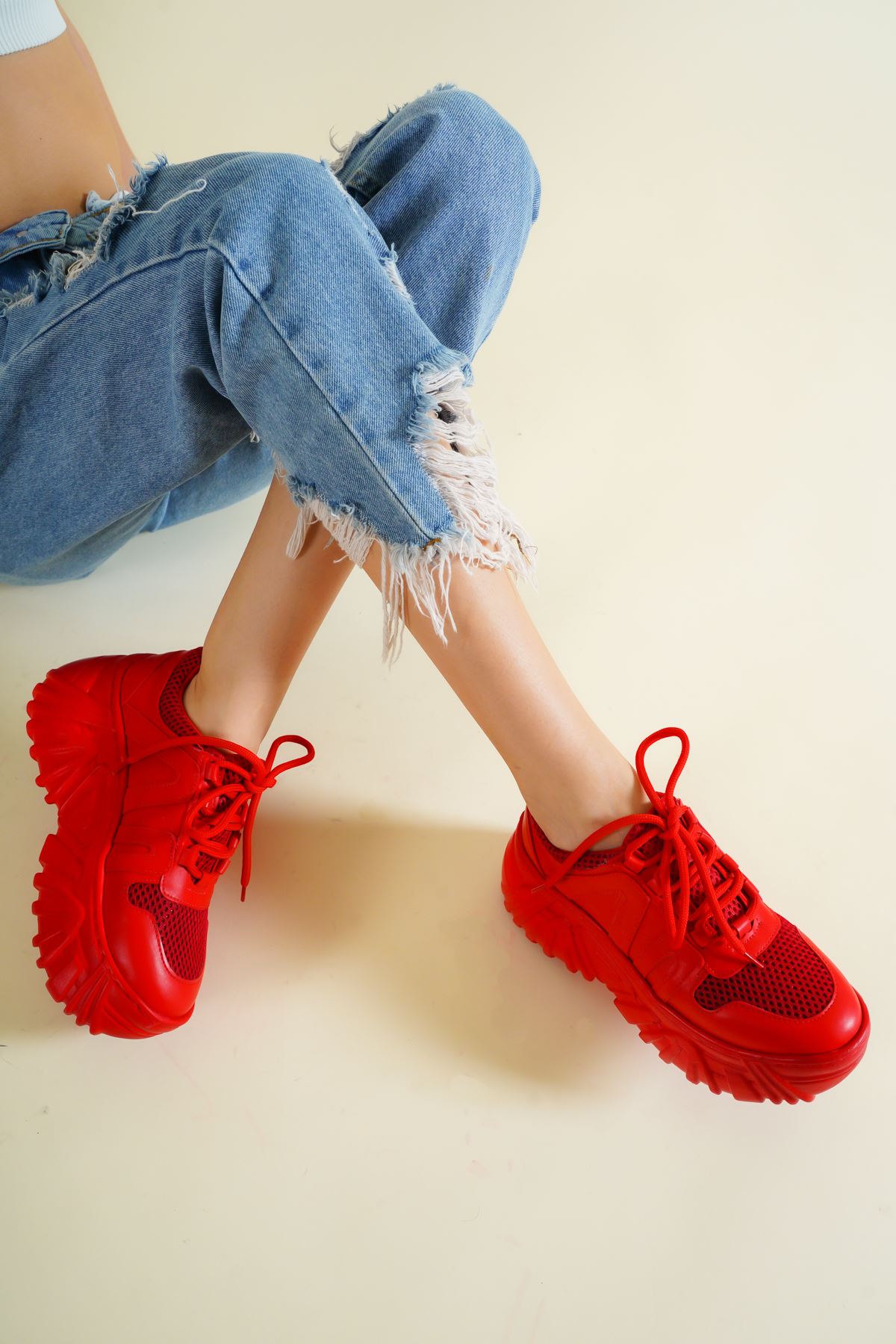 Kadın Vudik Kalın Tabanlı Spor Ayakkabı - Kırmızı