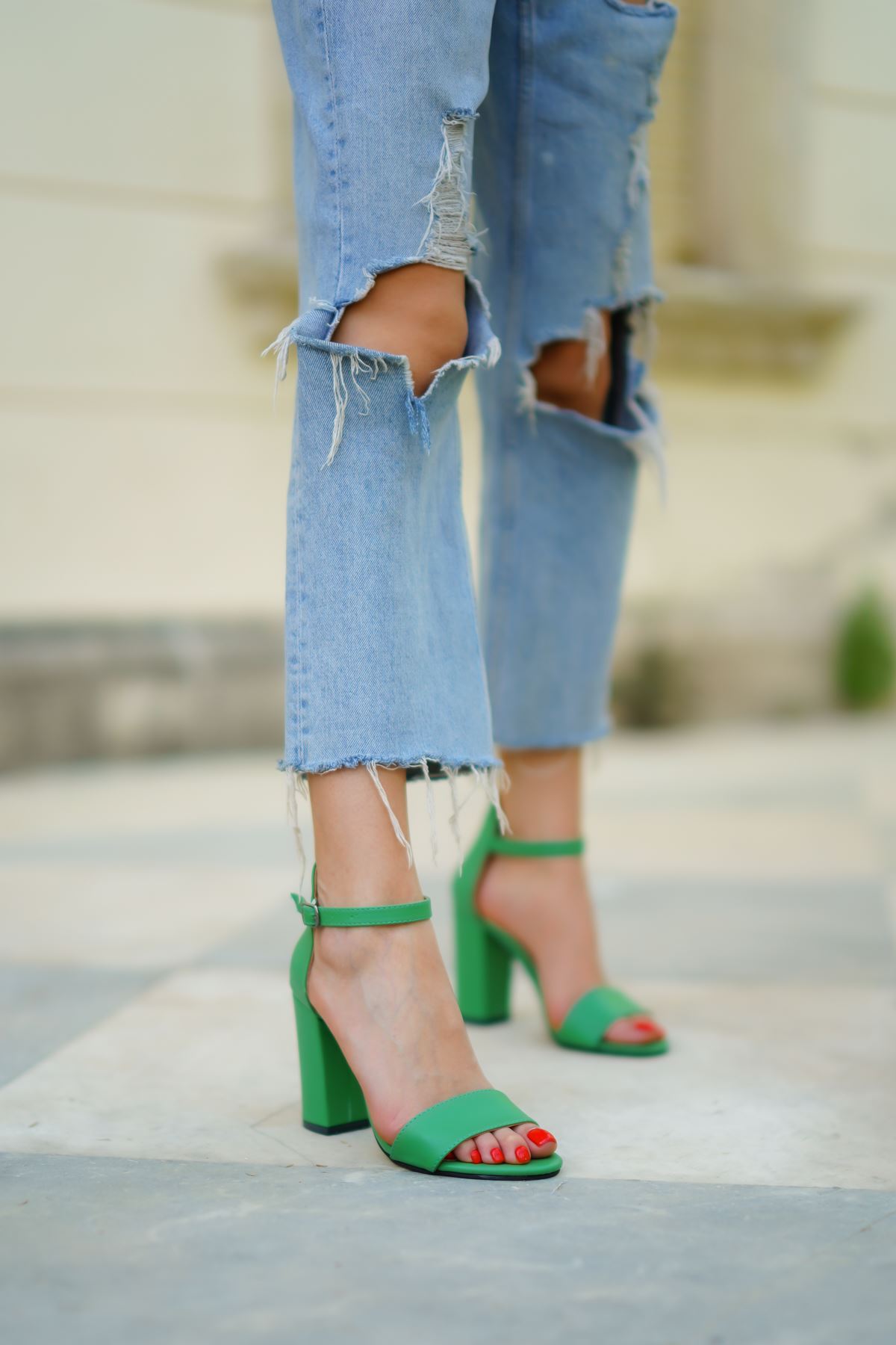 Kadın Perion Mat Deri Yeşil Topuklu Ayakkabı - Su Yeşili