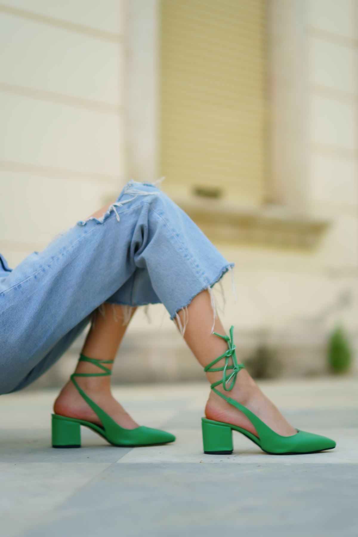 Kadın Esila Kısa Topuklu Ayakkabı - Yeşil Deri