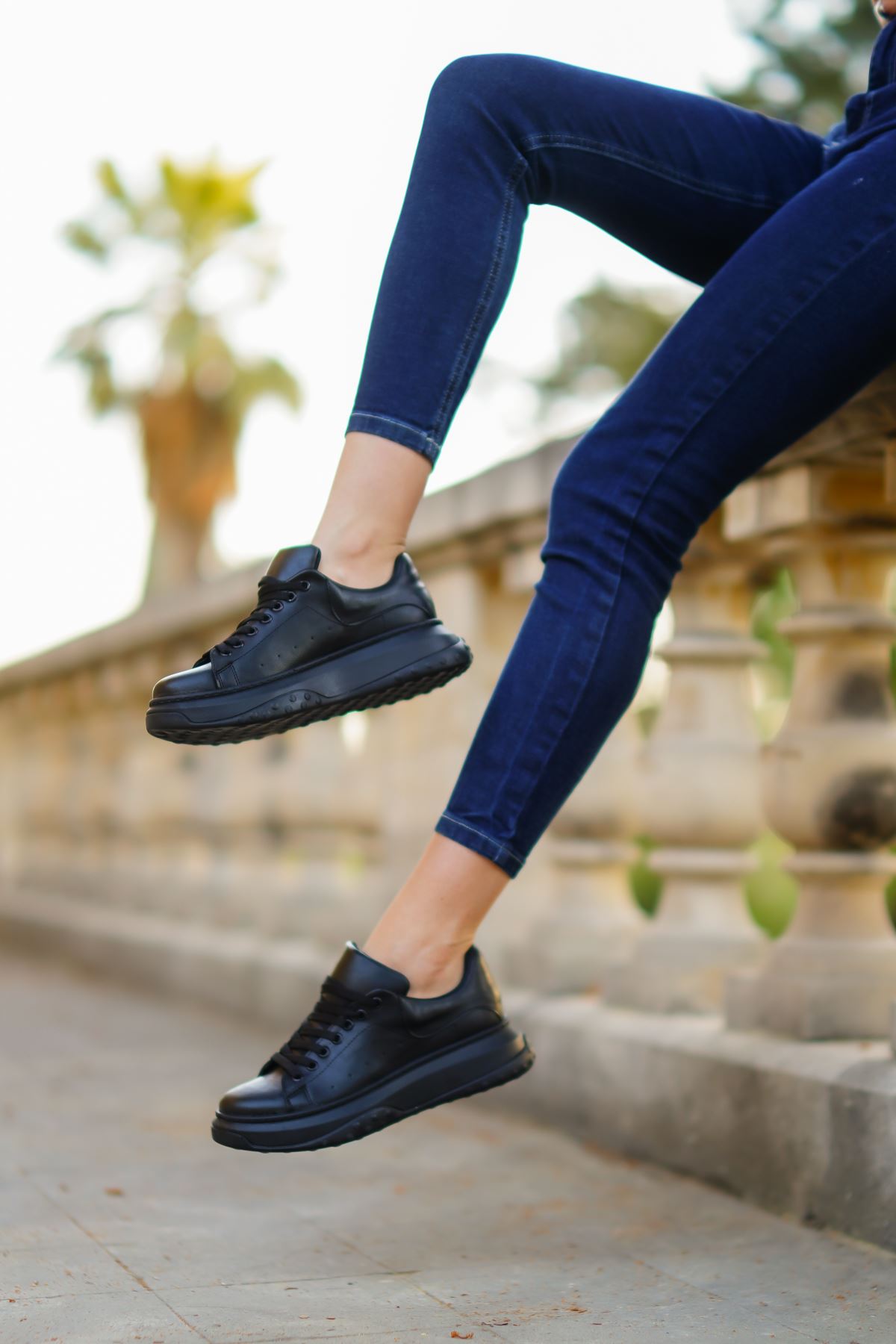 Kadın Oban Bğcıklı Spor Ayakkabı - siyah-deri