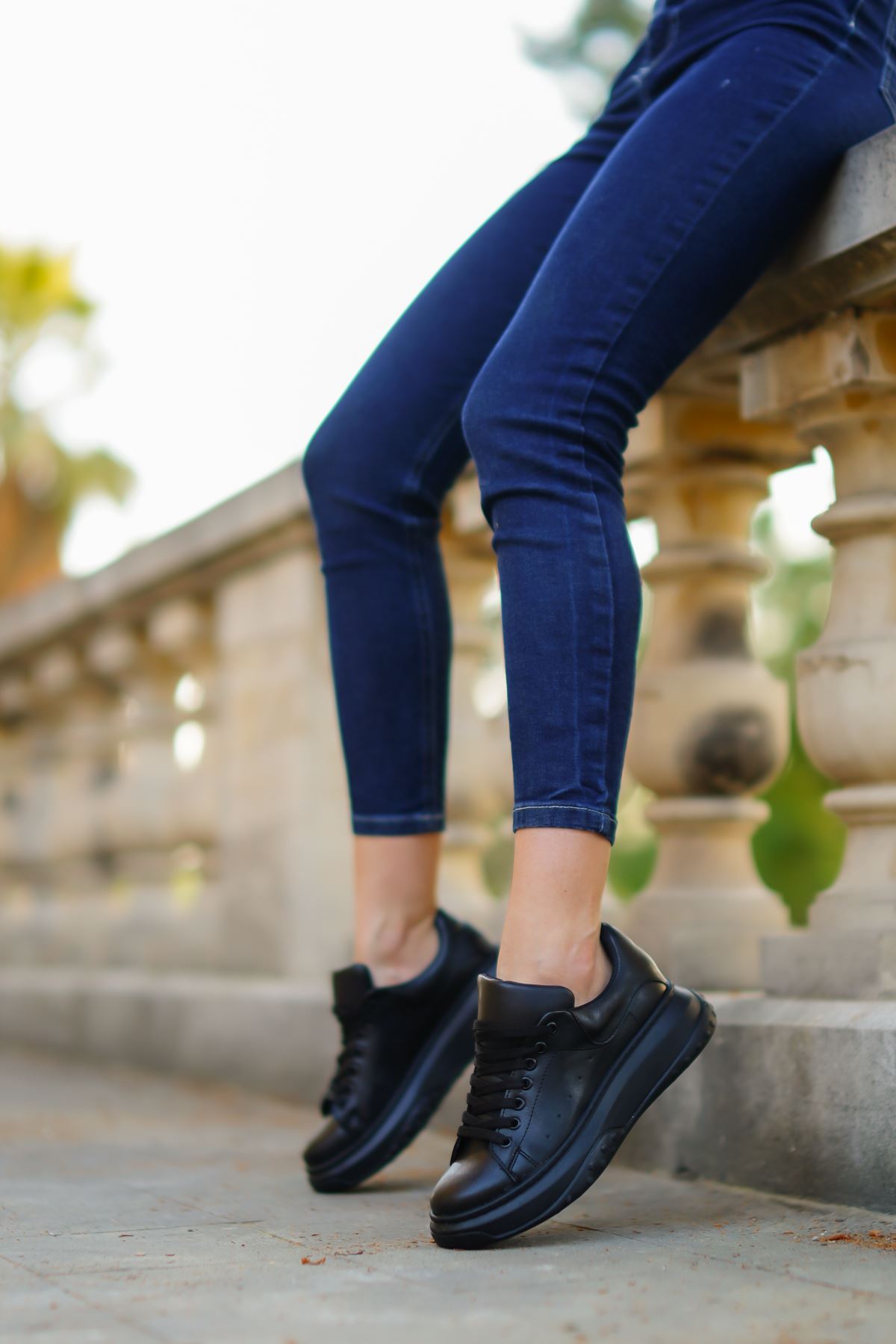 Kadın Oban Bğcıklı Spor Ayakkabı - siyah-deri