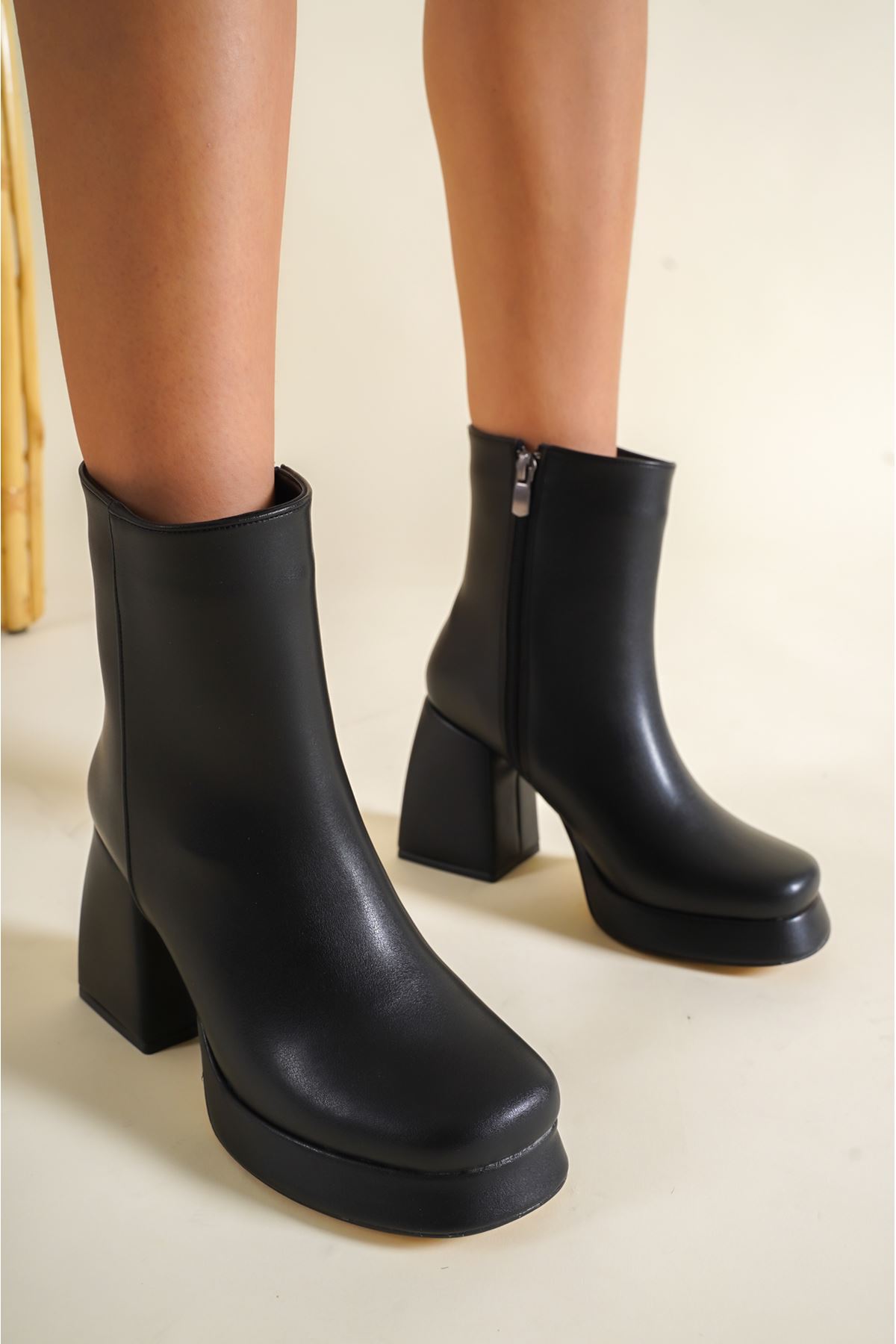 Kadın Devon Platformlu Topuklu  Bot - siyah-deri