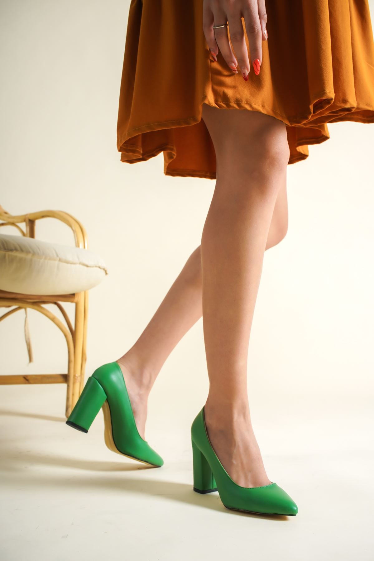 Kadın Ormila Kalın Topuklu Stiletto - Yeşil Deri