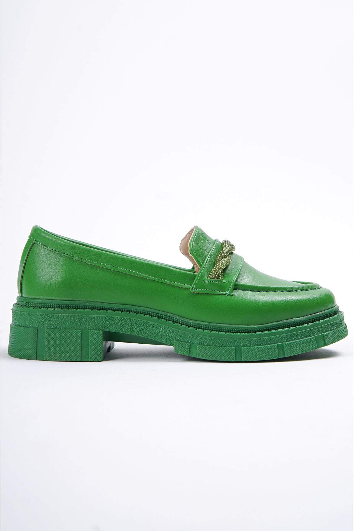 Kadın Diamond Taş Detaylı Günlük Ayakkabı - Yeşil Deri