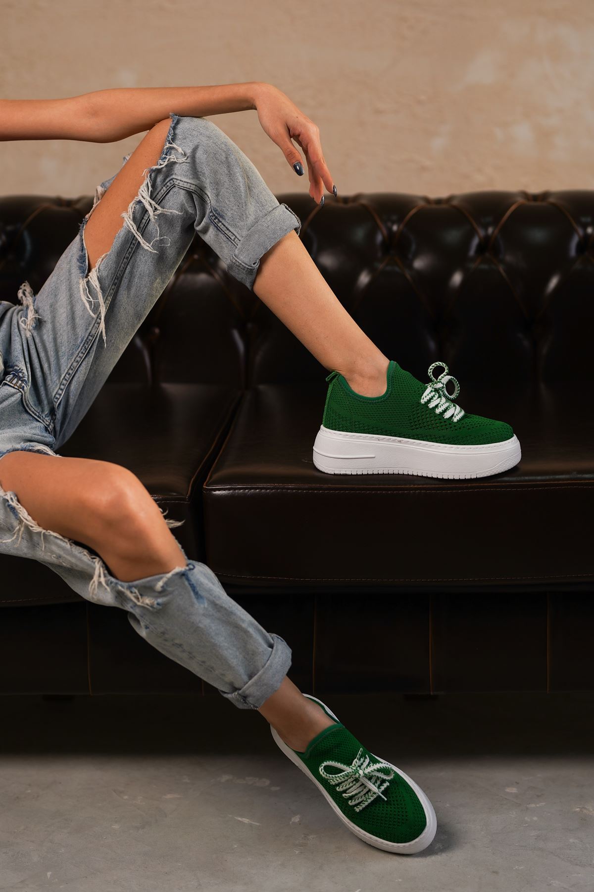 Kadın Joli Triko Bağcıklı Spor Ayakkabı - Yeşil