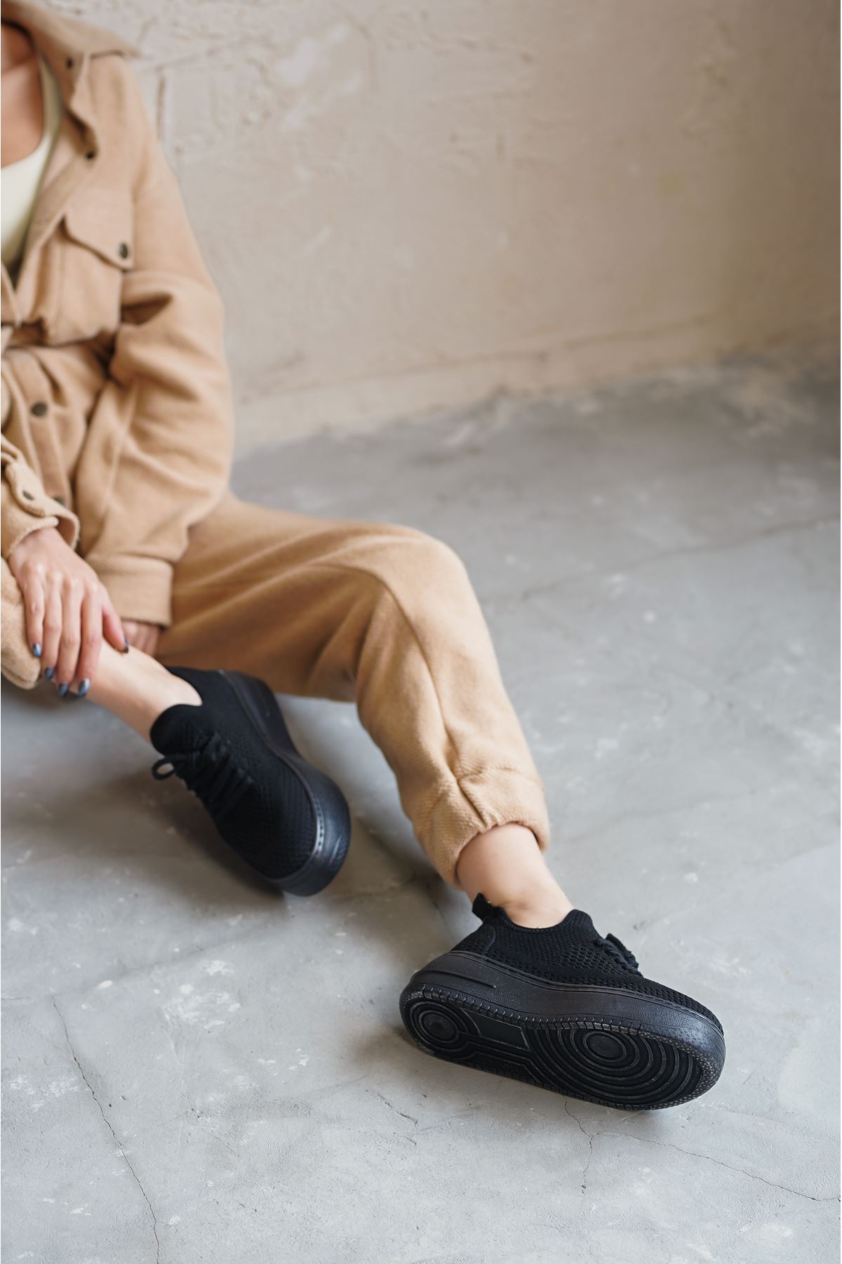 Kadın Joli Triko Bağcıklı Spor Ayakkabı - Siyah