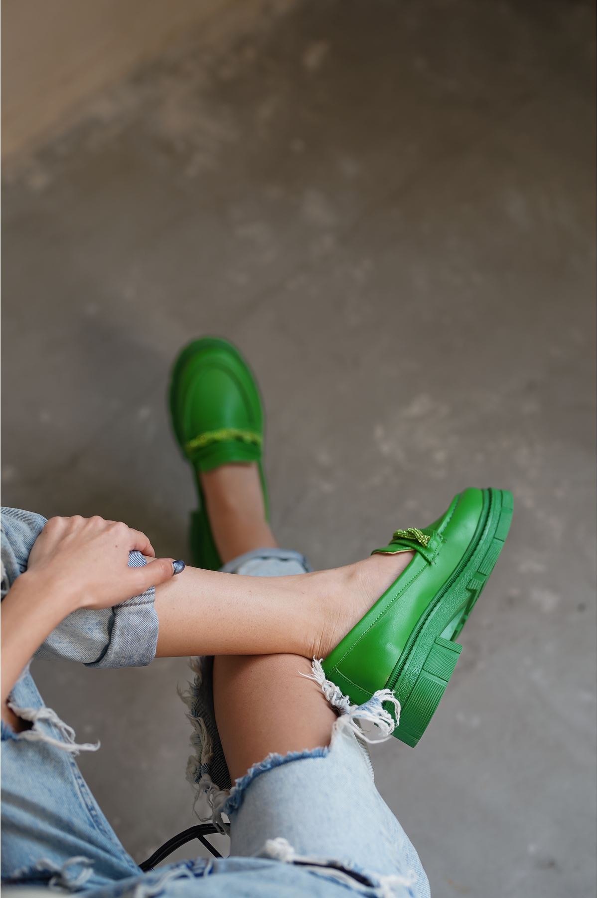 Kadın Diamond Taş Detaylı Günlük Ayakkabı - Yeşil Deri