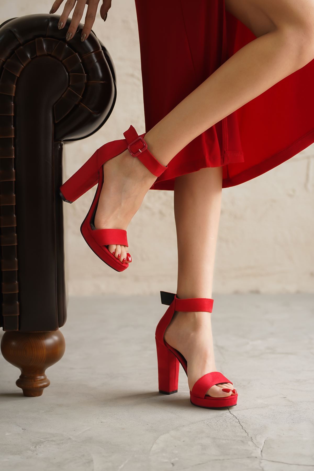 Kadın Margaret Süet Topuklu Ayakkabı Kırmızı - Kırmızı