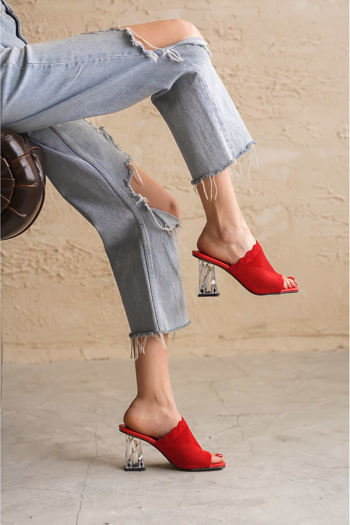 Kadın Morget Şeffaf Topuklu Triko Terlik - Kırmızı
