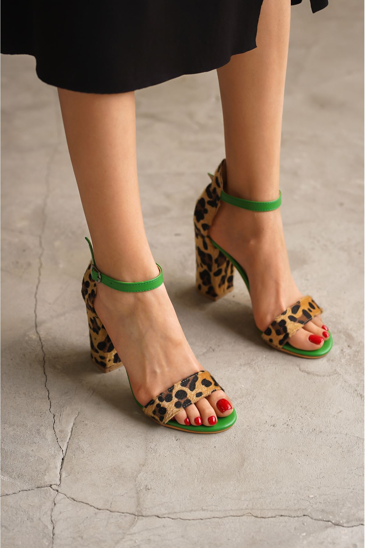 Kadın Perion Tek Bant Topuklu Ayakkabı - Leopar-Yeşil
