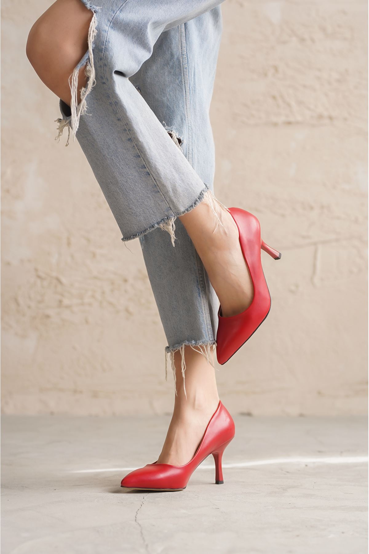 Kadın Armen İnce Kısa Topuklu Stiletto - Kırmızı Deri