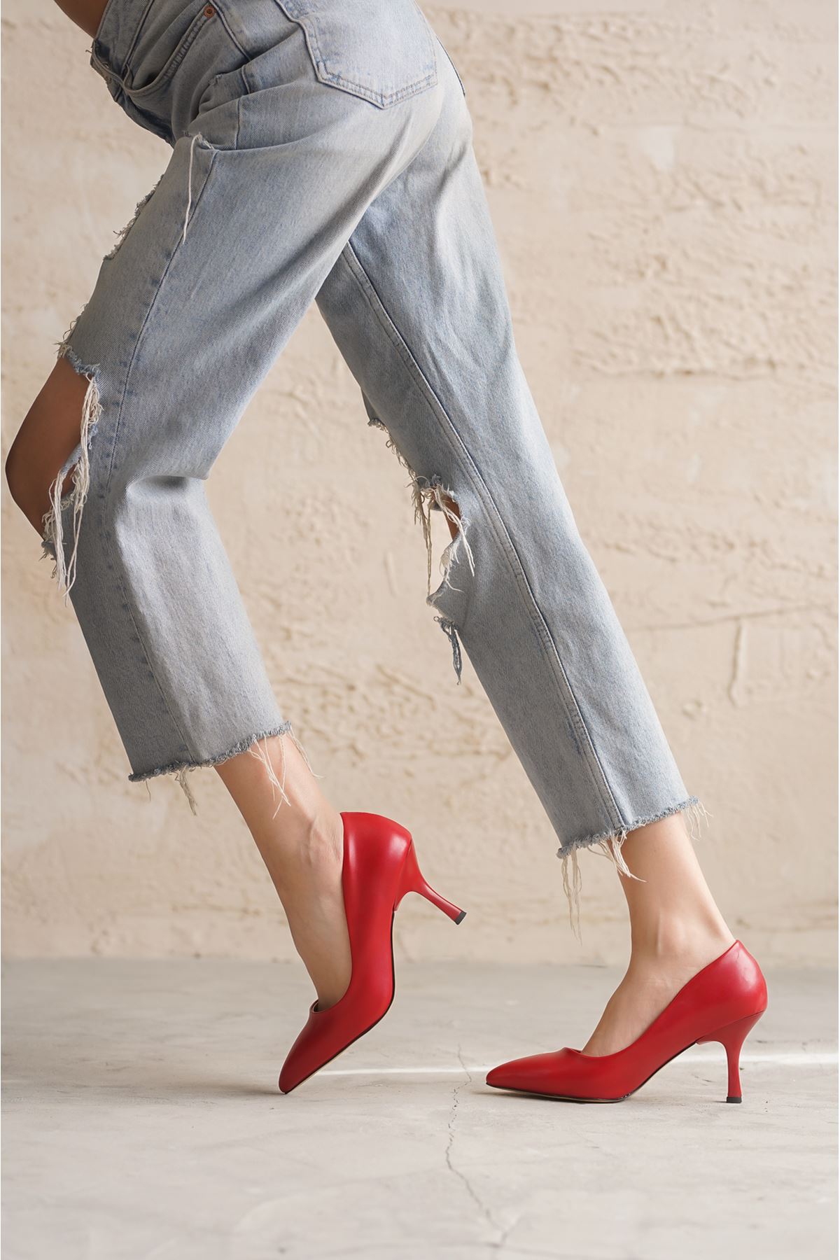Kadın Armen İnce Kısa Topuklu Stiletto - Kırmızı Deri