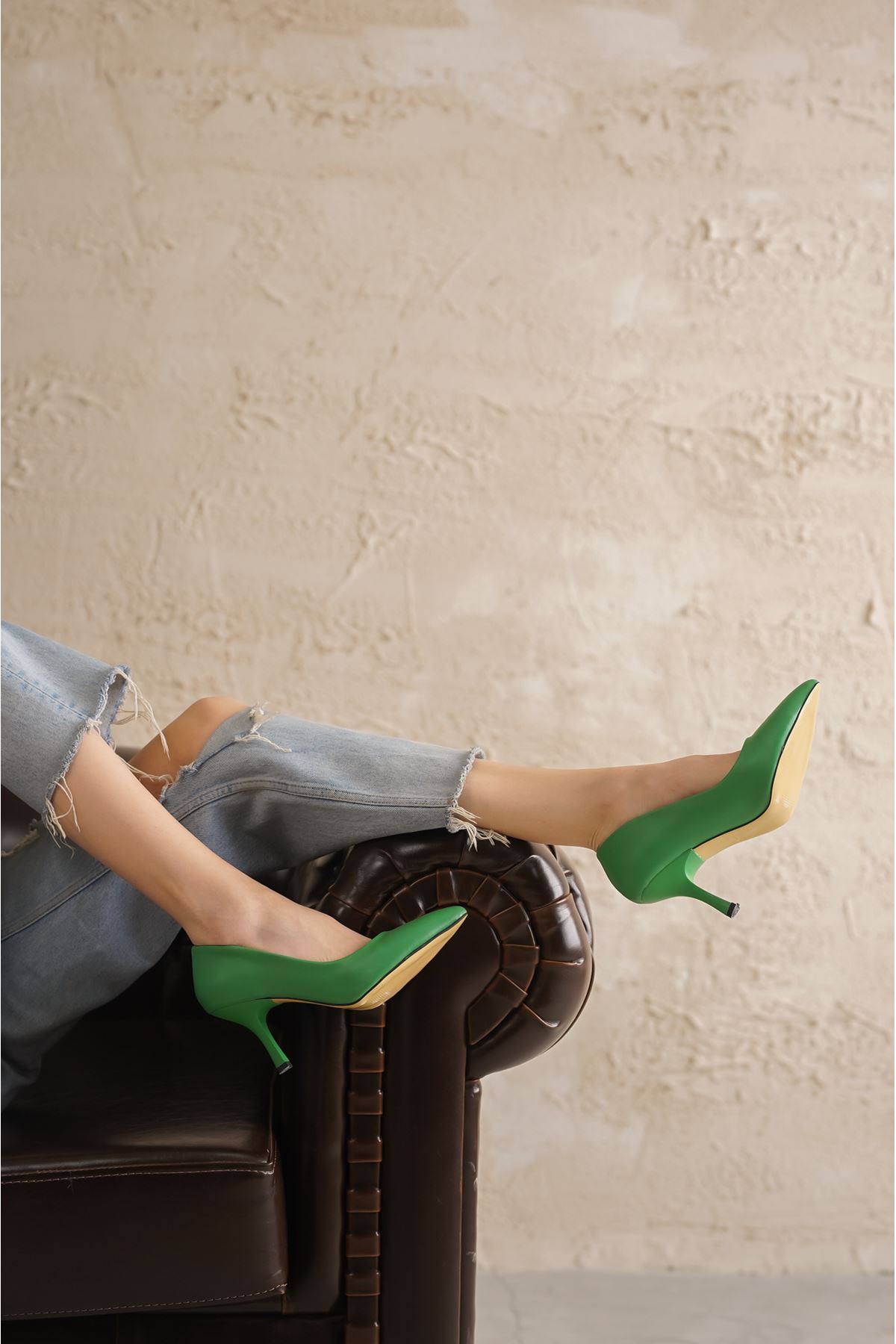 Kadın Armen İnce Kısa Topuklu Stiletto - Yeşil Deri