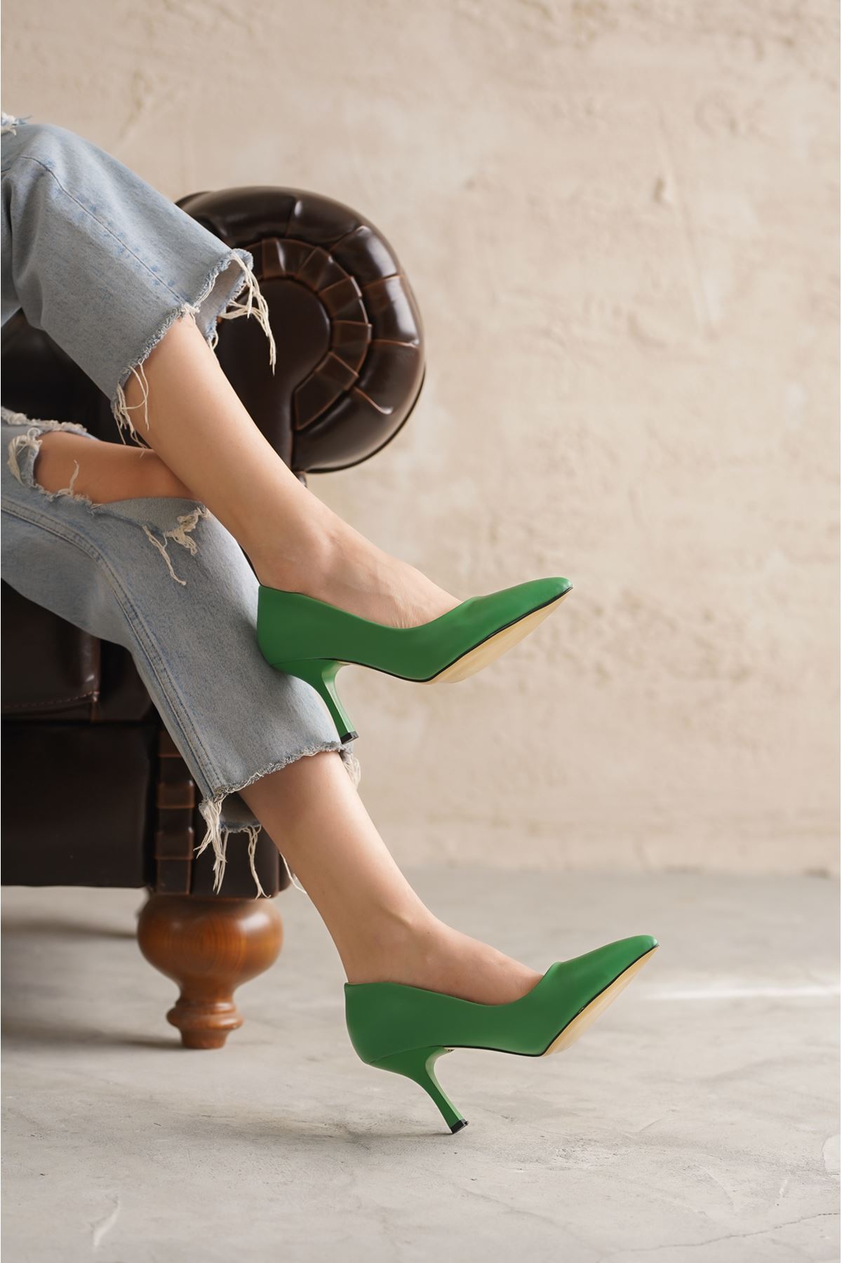 Kadın Armen İnce Kısa Topuklu Stiletto - Yeşil Deri
