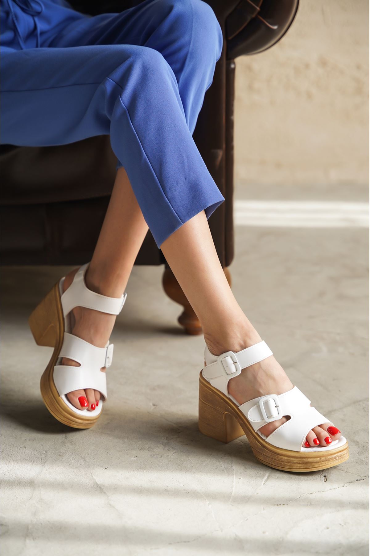 Kadın Sayde Kalın Topuklu Ayakkabı - Beyaz