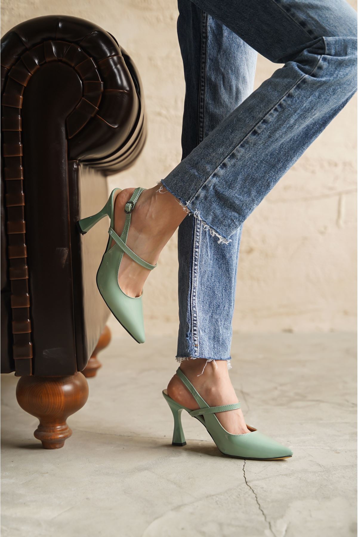 Kadın Kelly İnce Topuklu  Ayakkabı - Su Yeşili-Rugan
