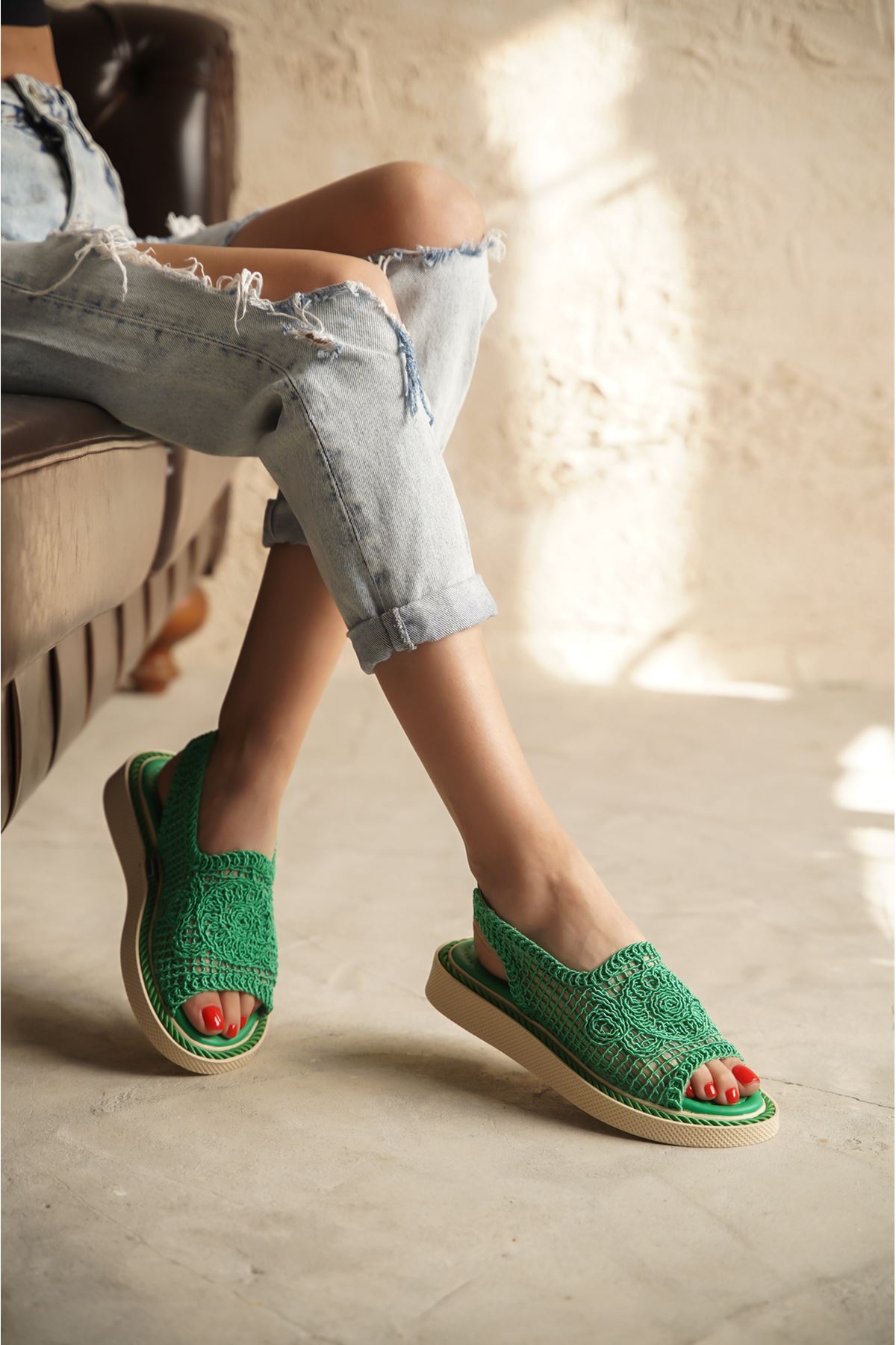 Kadın Elvis Örgü Yazlık Sandalet - Yeşil