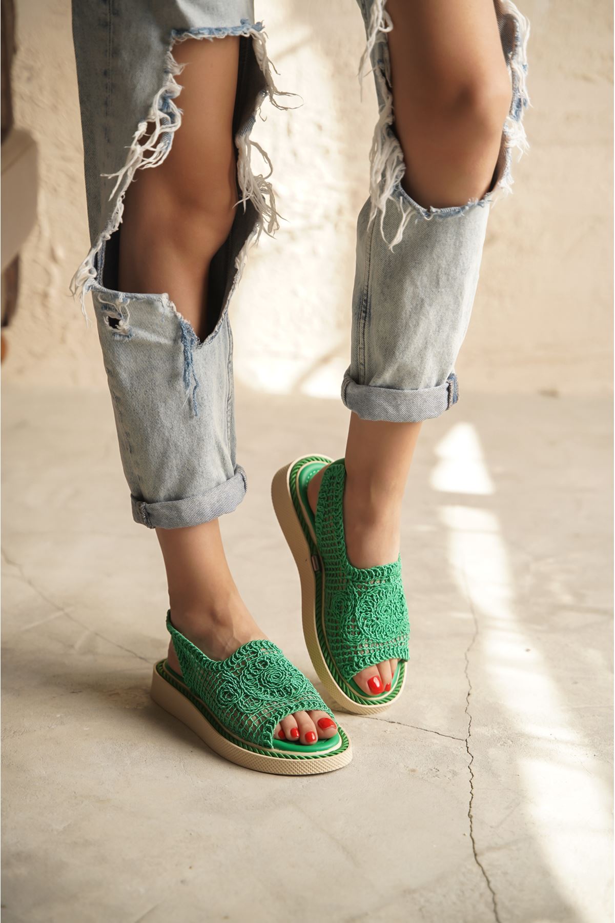 Kadın Elvis Örgü Yazlık Sandalet - Yeşil
