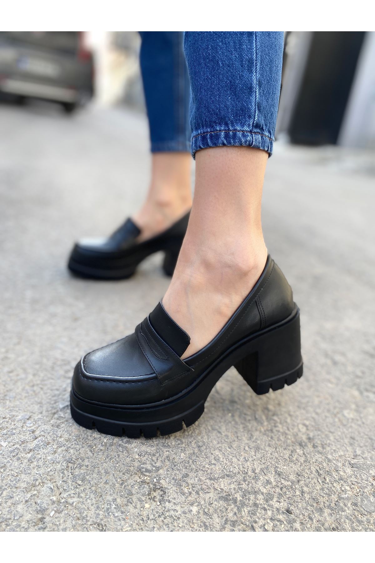 Kadın Luzi Kalın Topuklu Ayakkabı - siyah-deri