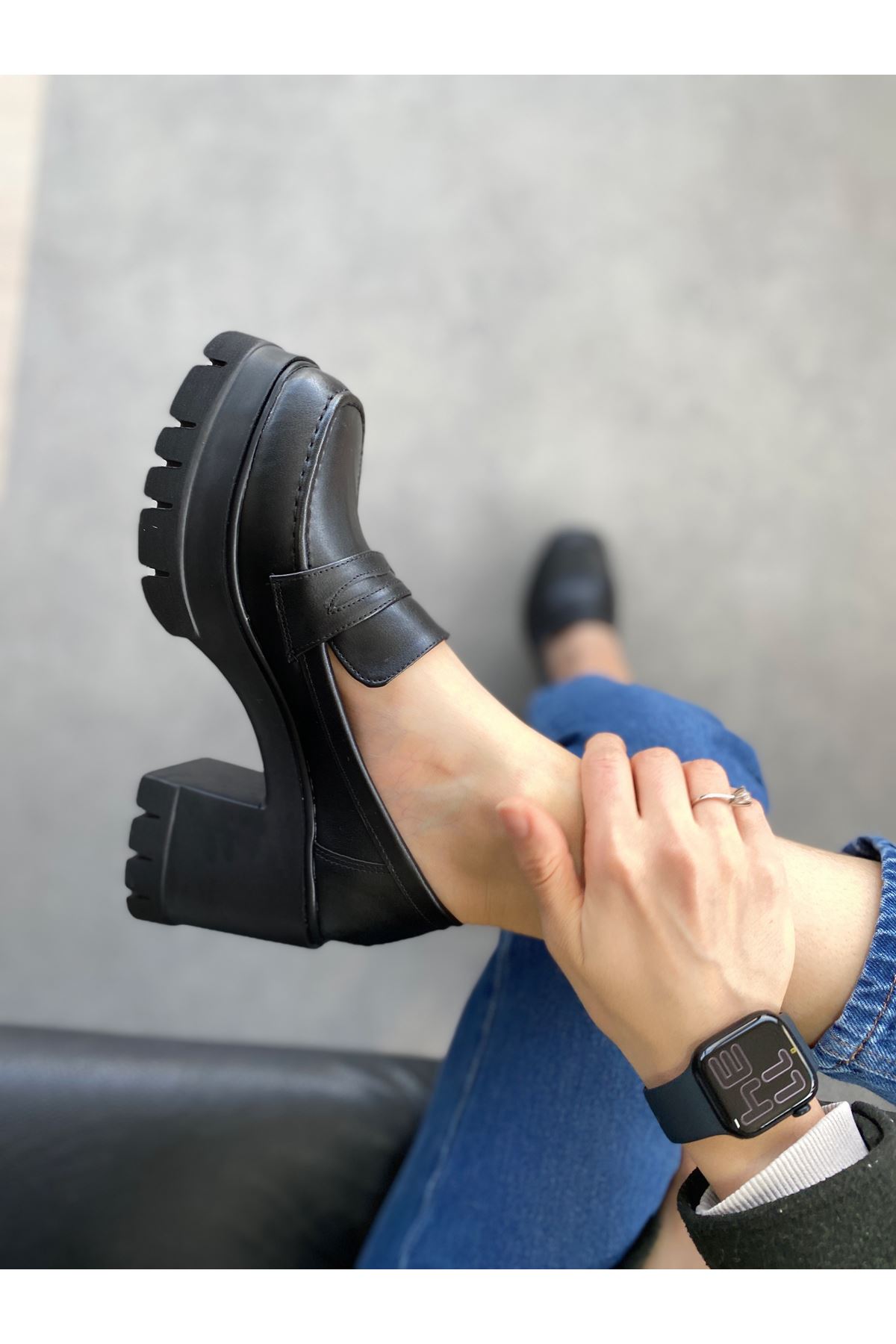 Kadın Luzi Kalın Topuklu Ayakkabı - siyah-deri