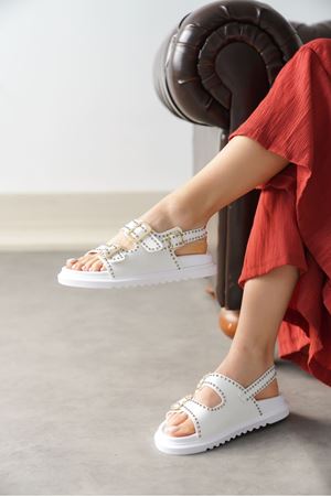 Kadın Dropy Taşlı Tokalı Sandalet - Beyaz