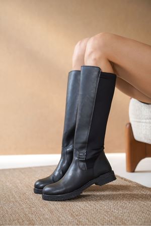 Kadın Olivya Arka Dalgıç Mat Deri Siyah Çizme - Siyah