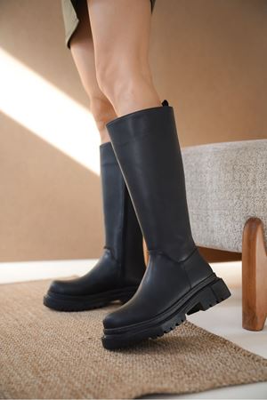 Kadın Kimber Kalın Taban Diz Altı Deri Çizme - Siyah