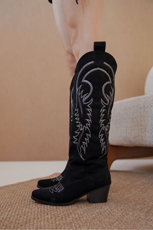 Kadın Rendon Kovboy Çizme - Siyah Süet