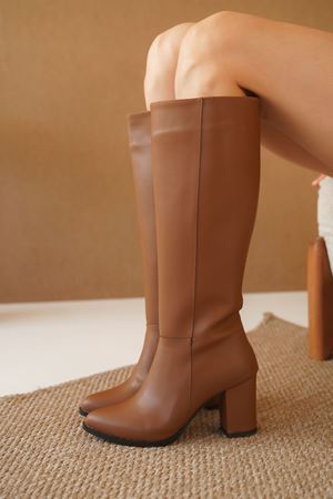 Kadın Josefa Kısa Topuklu Mat Deri Çizme - Taba-Deri