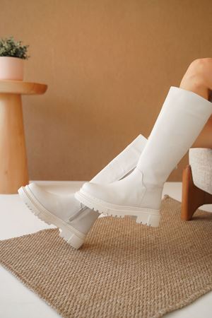 Kadın Kimber Kalın Taban Diz Altı Mat Deri Ten Çek - Ten