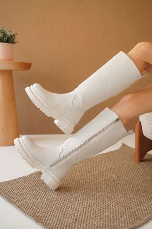 Kadın Kimber Kalın Taban Diz Altı Mat Deri Ten Çek - Ten