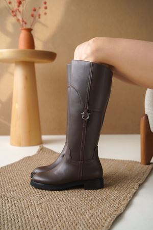 Kadın Date Düz Tabanlı Tokalı Çizme - Kahve