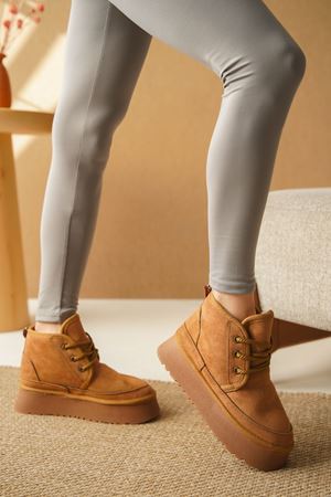 Kadın Pastor Kürklü Kısa Bot - Taba Süet