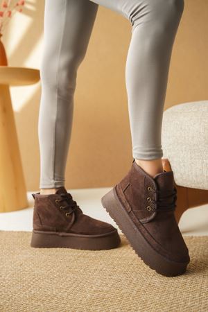 Kadın Pastor Kürklü Kısa Bot - Kahve-Süet