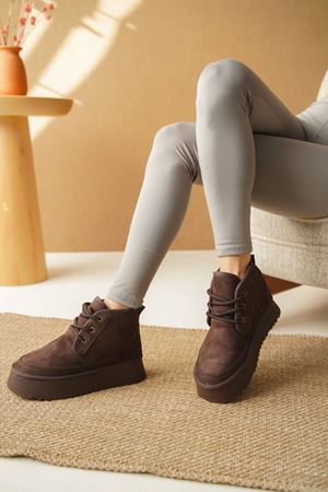 Kadın Pastor Kürklü Kısa Bot - Kahve-Süet