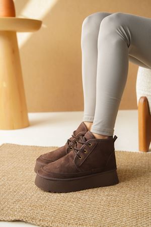 Kadın Pastor Kürklü Kısa Bot - Kahve-Süet