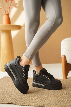 Kadın Maxi Gizli Dolgu Topuklu Spor Ayakkabı - Siyah-Düz