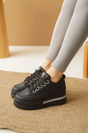 Kadın Maxi Gizli Dolgu Topuklu Spor Ayakkabı - Siyah-Düz