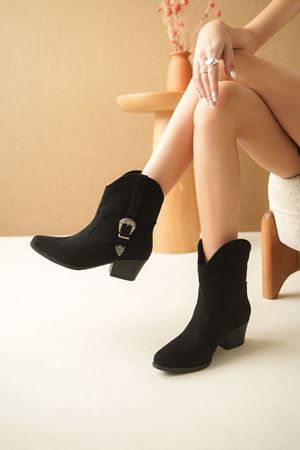 Kadın Lola Kemer Detay Kısa Topuklu Siyah Süet Kov - Siyah