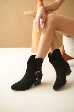 Kadın Lola Kemer Detay Kısa Topuklu Siyah Süet Kov - Siyah