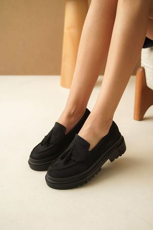 Kadın Stew Püsküllü Loafer Ayakkabı - Siyah Süet