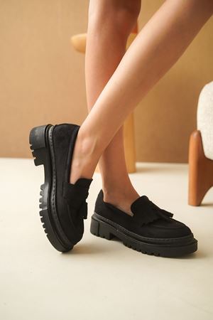 Kadın Stew Püsküllü Loafer Ayakkabı - Siyah Süet