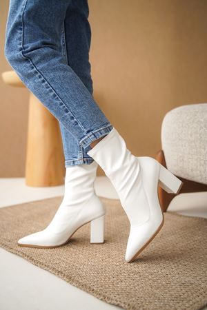 Kadın Cooper Kalın Topuklu Streç Bot - Beyaz
